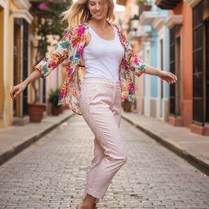 89th and Madison Baby Pink Shell Scallop Fan Art Deco Pattern Dress Pants, M